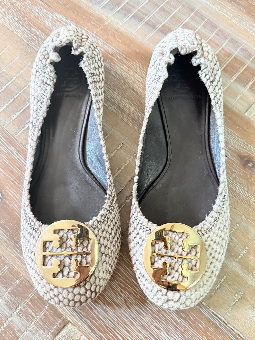 Tory Burch snake print Reva calf hair ballet flats